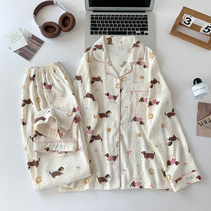 Al por mayor transfronterizo otoño nuevo pijama de manga larga nube de algodón de dibujos animados ropa doméstica de mujer se puede usar con un lindo conjunto de solapa