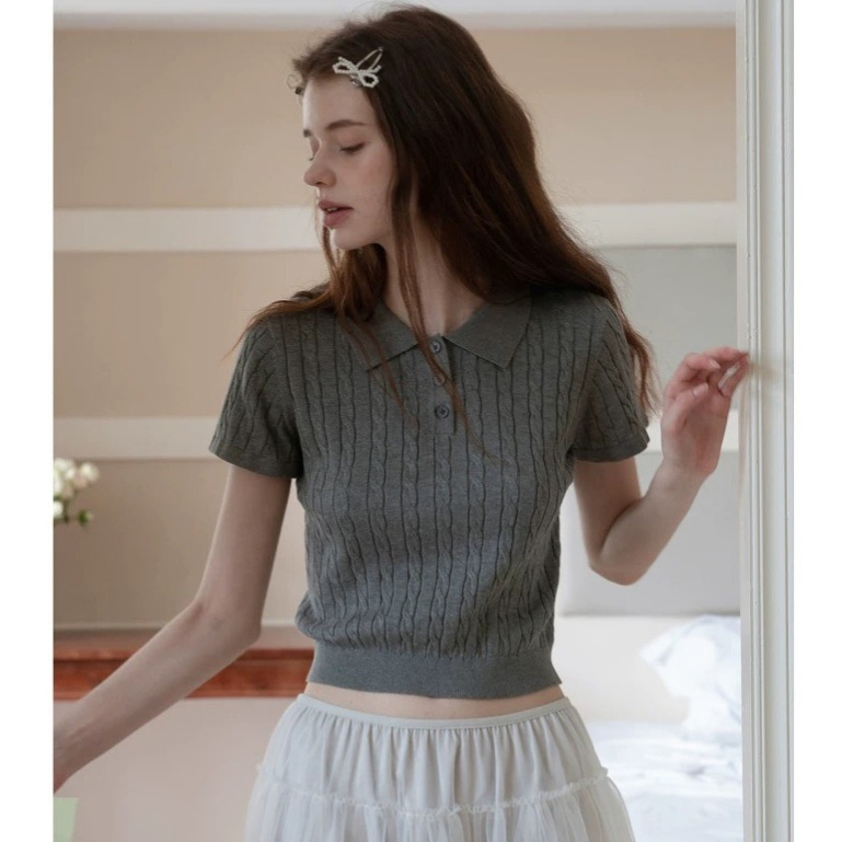 Miu Gray Polo Collar Short-Sleeved Wool Knitwear Spring and Summer New Style Retro Twist Shoulder Short Top Miu Gray Polo Collar Short-Sleeved Wool Knitwear Spring and Summer New Style Retro Twist Shoulder Short Top