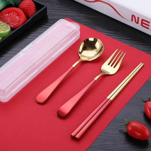 Jieyang 304 stainless steel three-piece fork, chopsticks, soup spoon gold-plated set gift student outdoor portable tableware