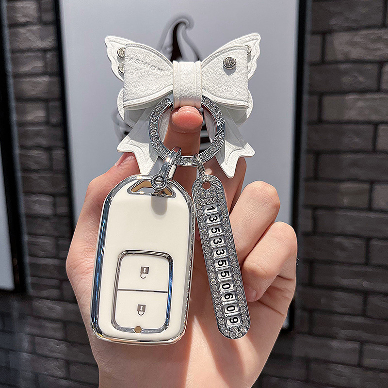 BT 키 타입 A - 스마트 2버튼 [싱글 쉘 화이트] + 화이트 리본 다이아몬드 버클 + 실버 번호판