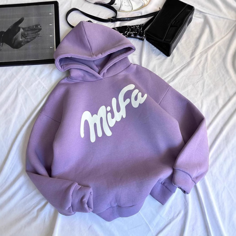 Maillard Wears Purple Off-Shoulder Hooded Sweatshirt for Men in Autumn and Winter 2025 New Style Plus Lazy Style Loose Top