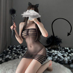 Sexy Striped Tube Top with Thigh-High Stockings, Sheer Tight Jumpsuit, Alluring Hip-Hugging Skirt—Drop Shipping Available, Model 8128