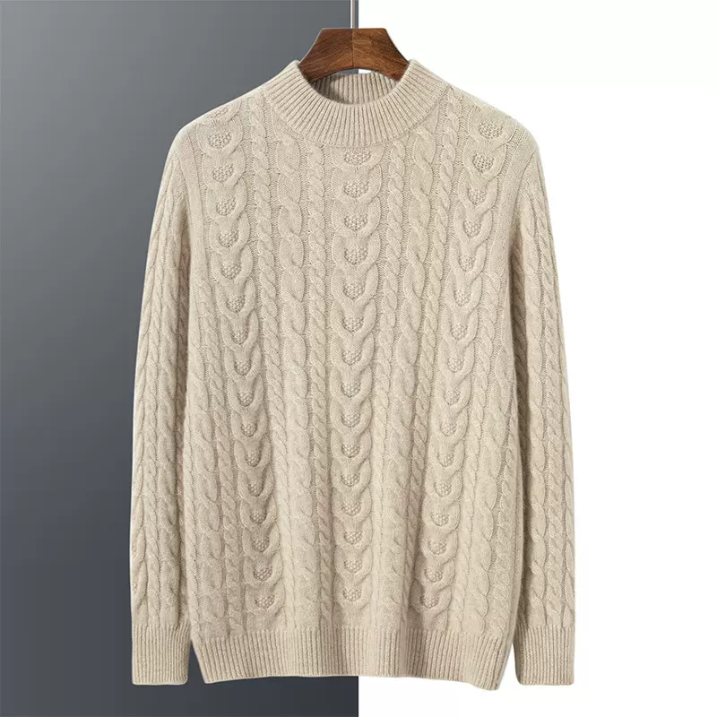 羊绒衫男士100纯山羊绒秋冬新款加厚半高领全身重磅扭花针织毛衣