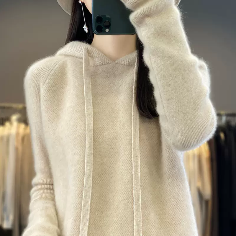 24新款秋冬女士100纯羊毛针织衫连帽卫衣宽松套头厚毛衣打底衫