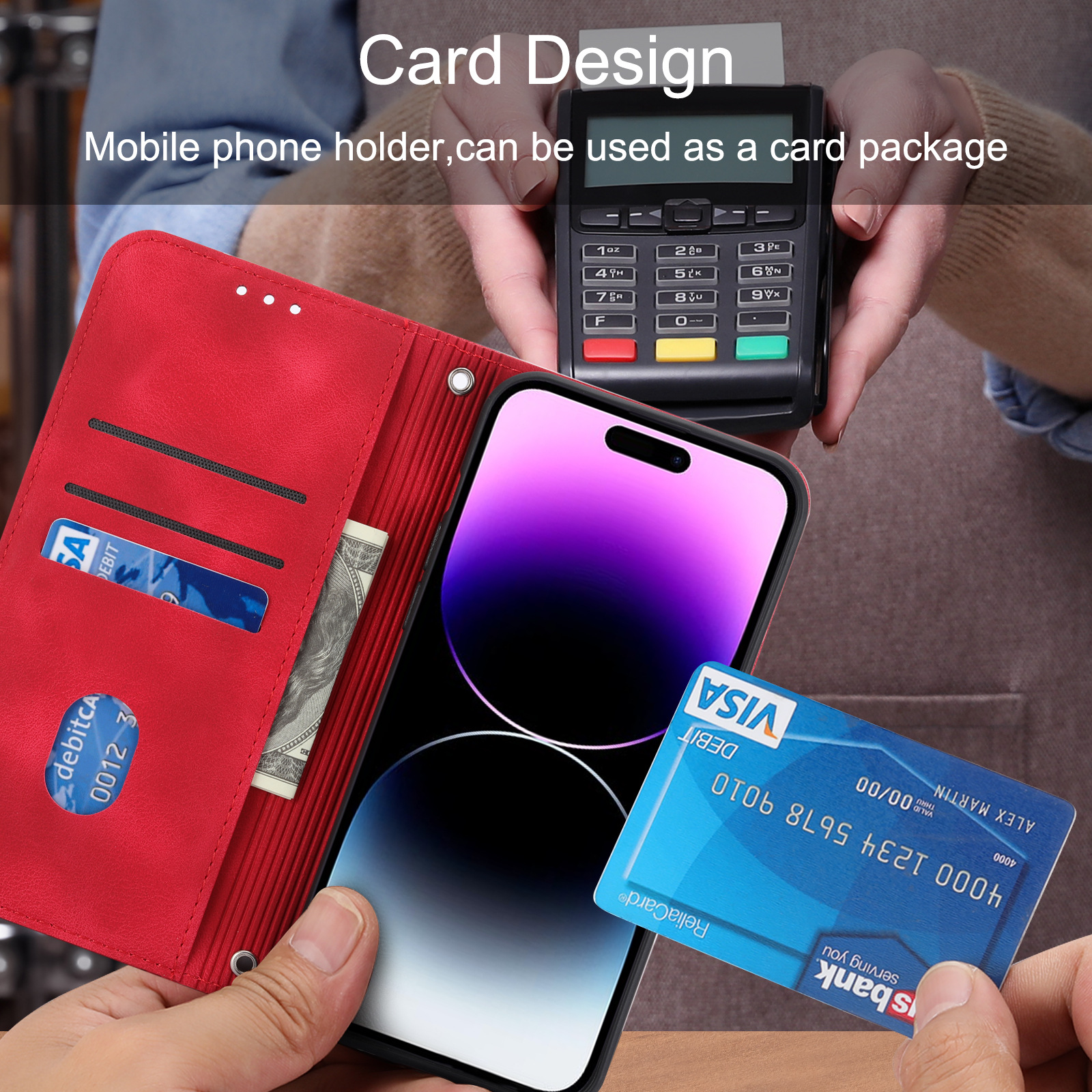 Adatto per iPhone Pro Line Custodia in pelle con motivo a flip in rilievo, con inserto a tracolla, per carte di credito, Apple 15 Ultra_voghion.com