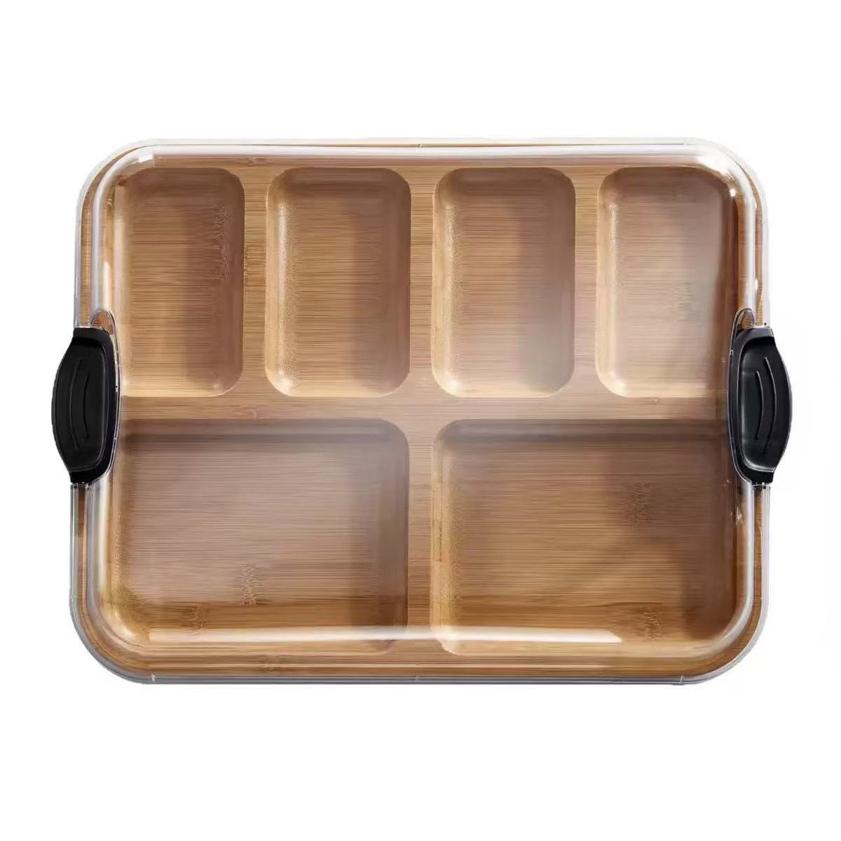 bandeja dividida de bambú con cubierta acrílica transparente formato dividido para fiesta doméstica pasteles bandeja de frutas y bocadillos