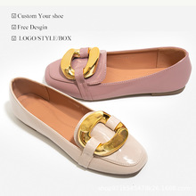 设计师新款2025金属扣方头乐福鞋高级感白色镜面单鞋女哇哦