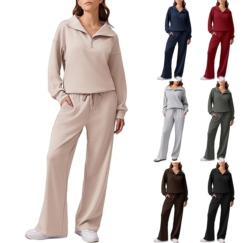 In stock~26 Amazon new women's casual long-sleeve collared top paired with sweatshirt and wide-leg pants two-piece set In stock~26 Amazon new women's casual long-sleeve collared top paired with sweatshirt and wide-leg pants two-piece set