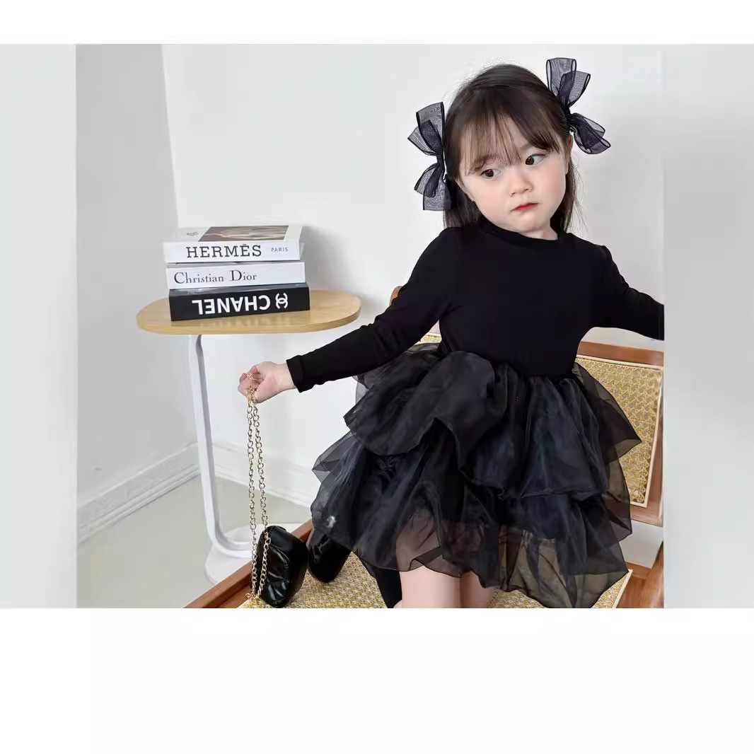 Girls Long-Sleeved Little Black Dress 2025 Autum New Fluffy Princess Dress Kidsren's Elegant Mesh Birthday Dress