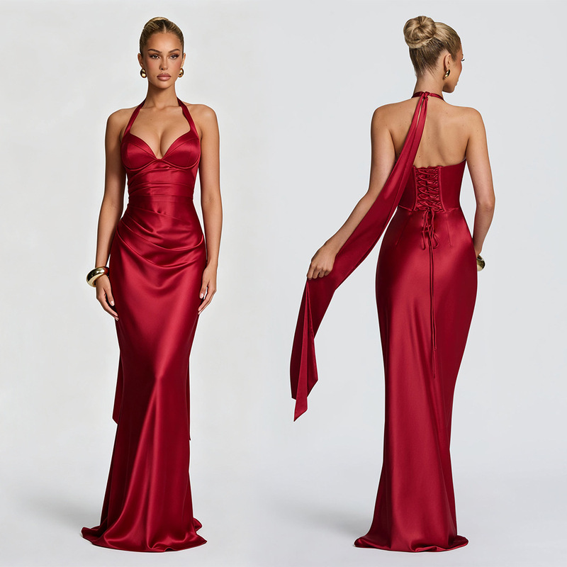 European and American foreign trade halter neck satin cocktail dress for women, deep V-neck, waist-cinching, fishtail, tie-back, backless, long party dress