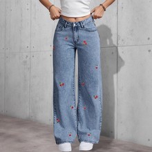 2025跨境smx低腰红色复古刺绣樱桃花JEANS欧美牛仔裤女显瘦亚马逊