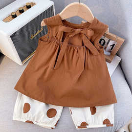 无袖波点灯笼裤潮衣服2023两件套女童新款童装夏装背心女宝宝套装