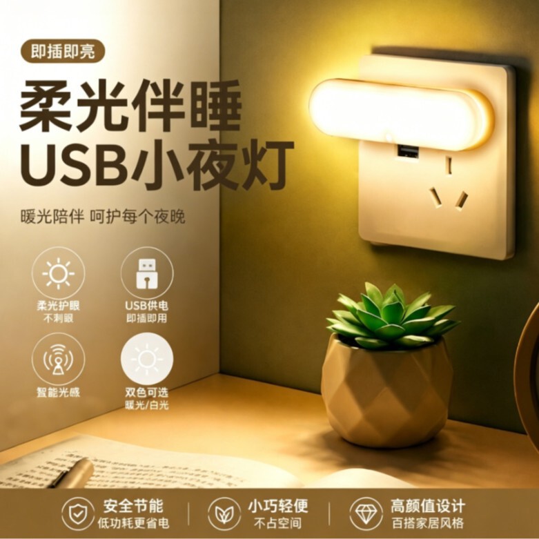 USB Plug-In Night Light Led Soft Light Eye Protection Energy-Saving Lamp Bedside Wall Lamp Charging Head Plug-In Night Emergency Feeding