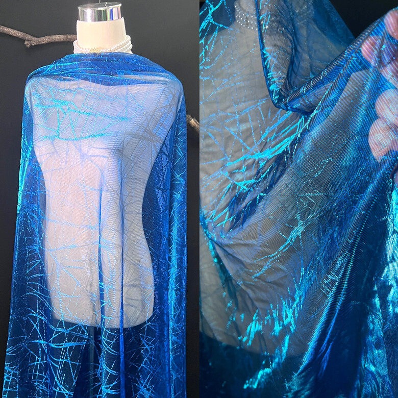 Personalized and Fashionable Blue Gradient Geometric Pattern Hollow-Out Stretch Mesh Designer Fabric for Clothing