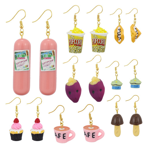 Japanese and Korean creative simulation food toy sausage popcorn cake sweet potato earrings cross-border personality interesting earrings for women