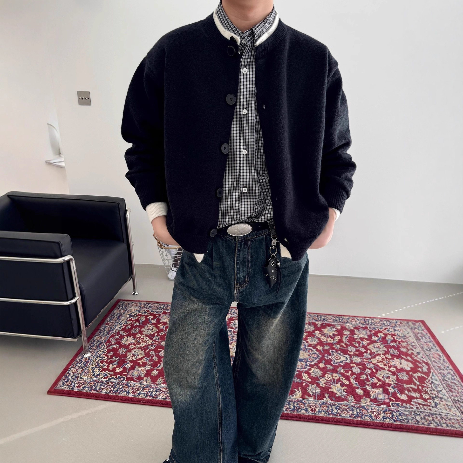 American College Two Pieces Cardigan Suéter Hombre Otoño Invierno Nuevo LazyCleanfit Color Contraste Camiseta