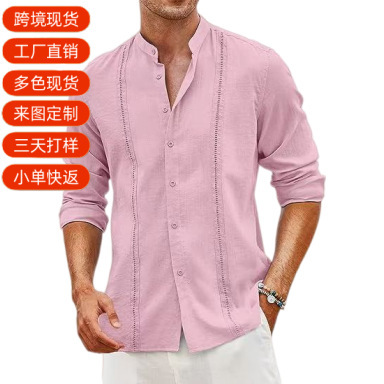 European and American Cross-Border New Autumn Men's Stand-Up Collar Button-Up Cardigan Solid Color Lace Long-Sleeve Top Casual Beach Shirt European and American Cross-Border New Autumn Men's Stand-Up Collar Button-Up Cardigan Solid Color Lace Long-Sleeve Top Casual Beach Shirt