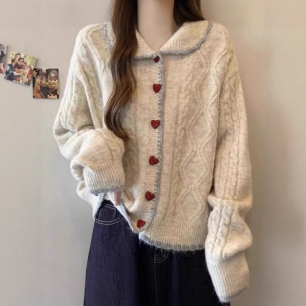 学院风娃娃领针织打底开衫女秋冬季穿搭宽松软糯长袖外套内搭上衣