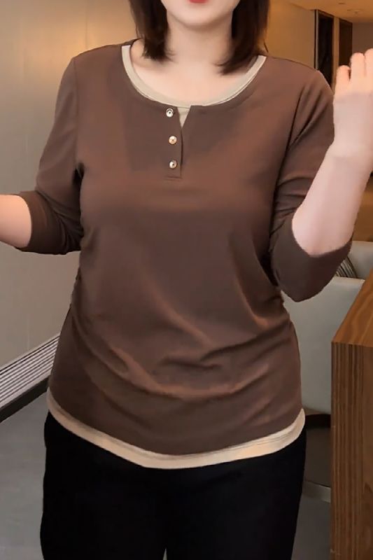 Plus-Size Women's Clothing, Regular Shoulder Fake Two-Piece Long-Sleeve Shirt, New Autumn and Winter Style Top, Inner Layer with Thermal Fleece Base Layer