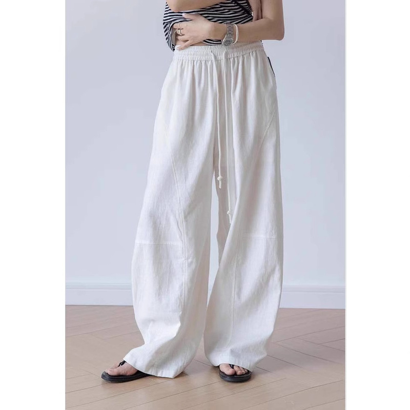 Linen Floor-Length Trousers, Drapey Curved Balloon Pants, Casual Loose High-Waisted Straight Pants, Spring 2026 Women's Style 8935