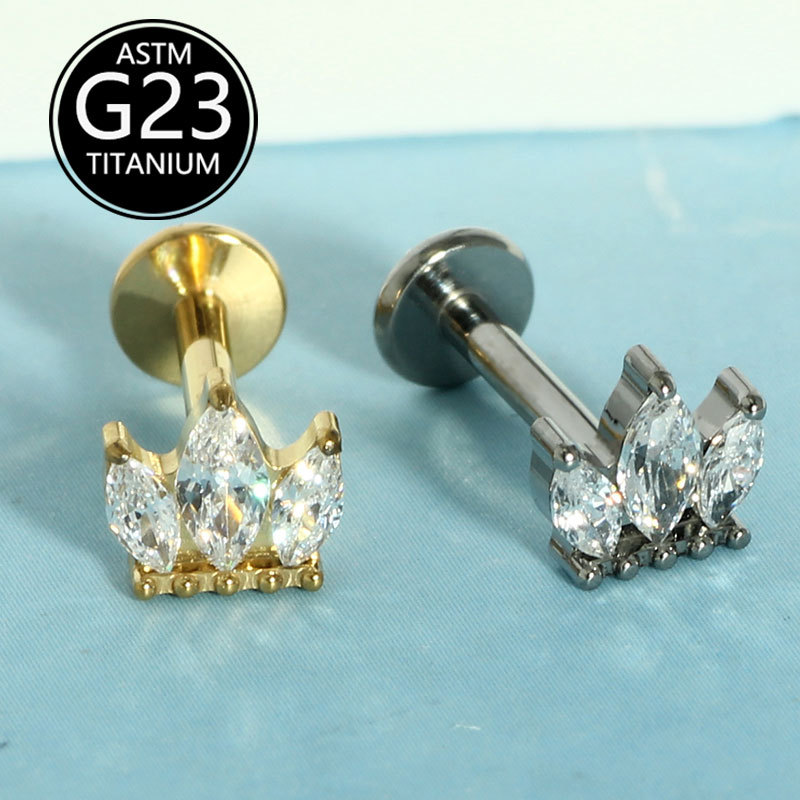 G23 Titanium Marquise CZ Crown Lip Labret Stud Internally Threaded Piercing Jewelry detail image 1