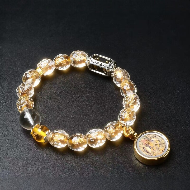 Cultural and Creative Hot-Selling Gold Foil Glass Buddha Medicine Buddha and Yellow God of Wealth Mantra Glass Vajra Bracelet for Men and Women, Gift Wholesale