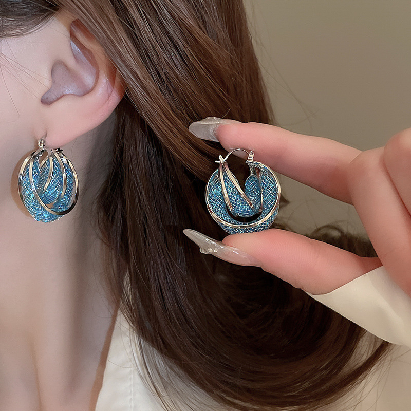 Aguja de plata, estilo de vacaciones azul, pendientes de lazo de flores suaves, pendientes de moda fresca, pendientes de ambiente dulce