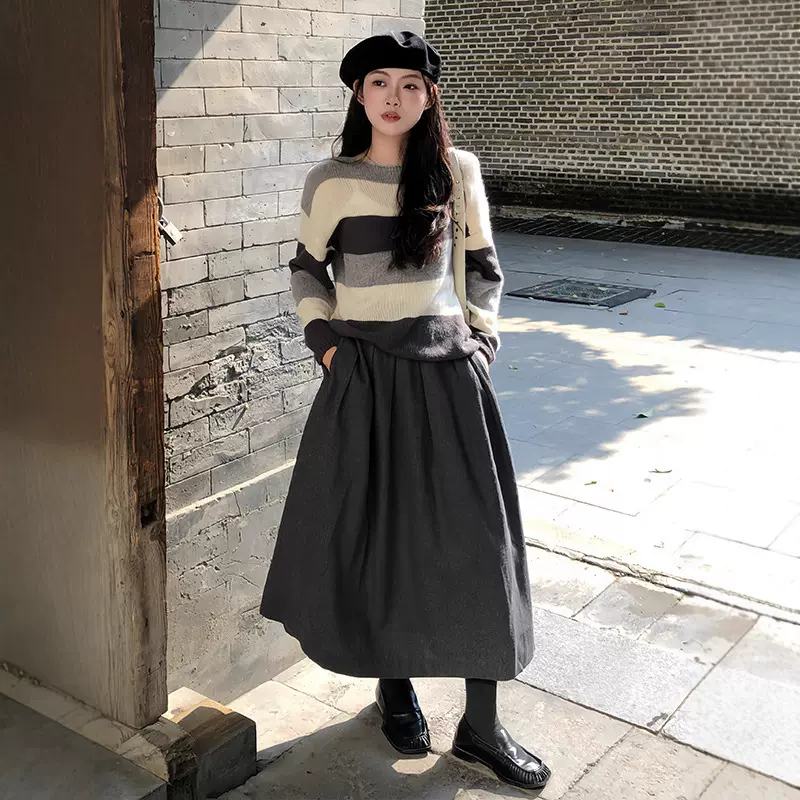 羊毛混纺毛呢半身裙女25年秋冬新品灰色A字法式浪漫伞裙