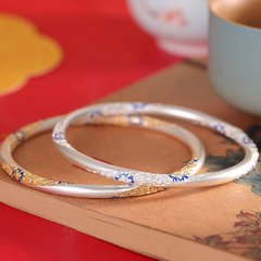通体纯银足银.国风描金珐琅女新中式手镯简约时尚百搭闭口手