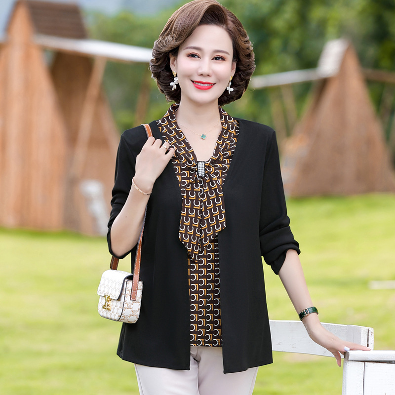 Autumn 2023 New Middle-aged and Elderly Mothers Fashionable Two-piece Long-sleeved Top High-end Elegant and Young-looking