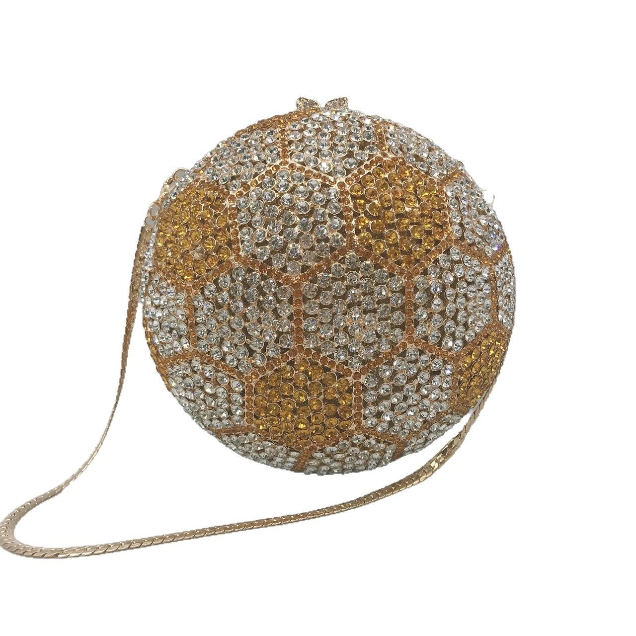Inclinado transfronterizo nuevo bolso de diamante de fútbol para banquete de metal vacío caja dura esférica bolso de banquete de joyas bolso de mano de mujer