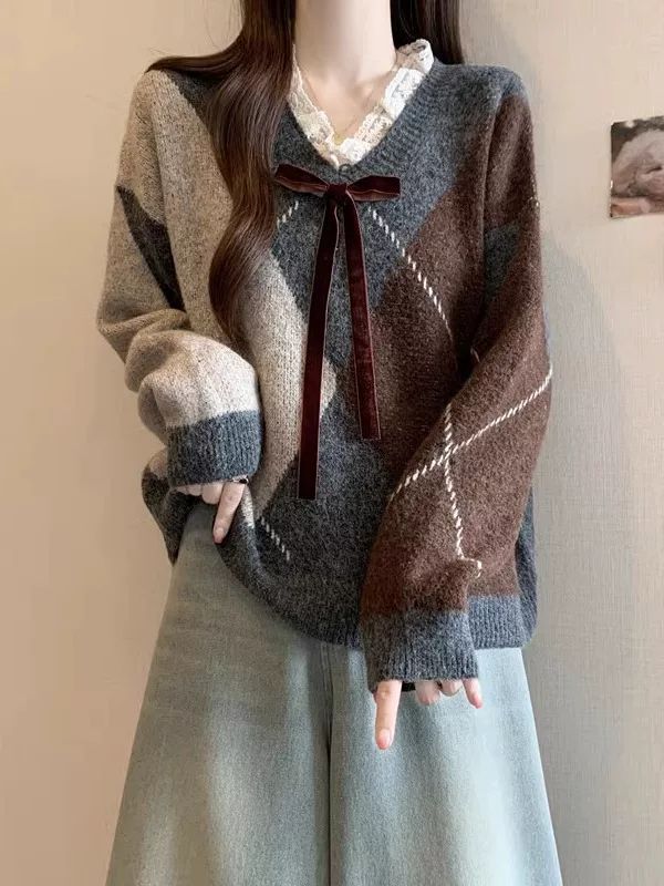 Burgundy Quilted Knitwear Women's Autumn and Winter New Large Size Fat Lace Collar Knitwear Christmas Retro Top Burgundy Quilted Knitwear Women's Autumn and Winter New Large Size Fat Lace Collar Knitwear Christmas Retro Top