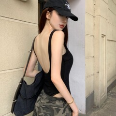 美式復古辣妹連體吊帶背心女夏季內搭歐美風美背黑色露背上衣外穿