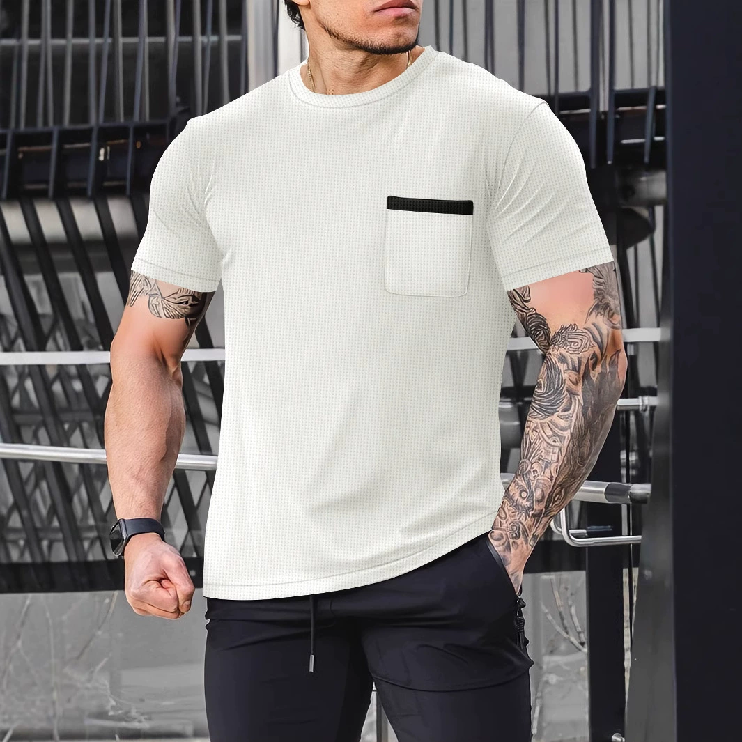 2025 летний кросс-бордерный европейский и американский модный вафельный комплект с круглым вырезом, карманами и короткими рукавами, спортивный костюм для мужчин