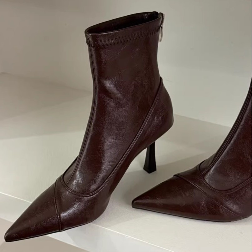 In Stock French Style High-End Brown Pointed Toe Stiletto Short Women Leather High Heel Slimming Elastic Boots_voghion.com