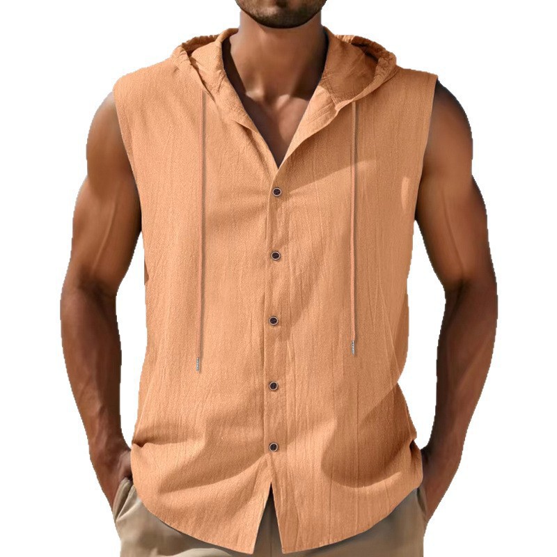 Nuevo transfronterizo Amazon nuevo estilo americano de verano hombre relajado casual lino sólido con capuchón camisa sin mangas