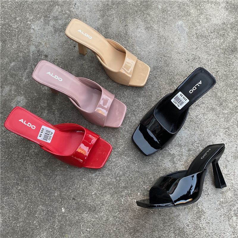 New Style Foreign Trade Simple Square Head High Heel Women's Sandals Fashionable One-word Thin Heel Sandals and Slippers French Style Women's Outer Wear Half Slippers