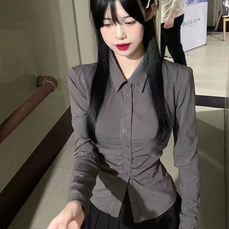 Pure Desire Style JK Waisted Pleated Shirt Women's Sexy Long Sleeve Grey Shirt Design Sense Spice Girl Slim Shirt Spring