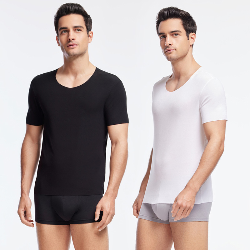 High elastic silk smooth modal men's thin seamless short-sleeved T-shirt casual cut bottoming shirt home wear pajamas summer