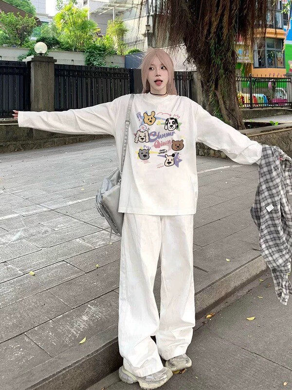 胖mm纯棉白色大码长袖t恤女2025新款秋冬美式宽松内搭打底衫上衣|undefined