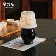 中古陶瓷台灯复古高级感布艺刺绣摆件卧室床头氛围夜灯桌面台灯具