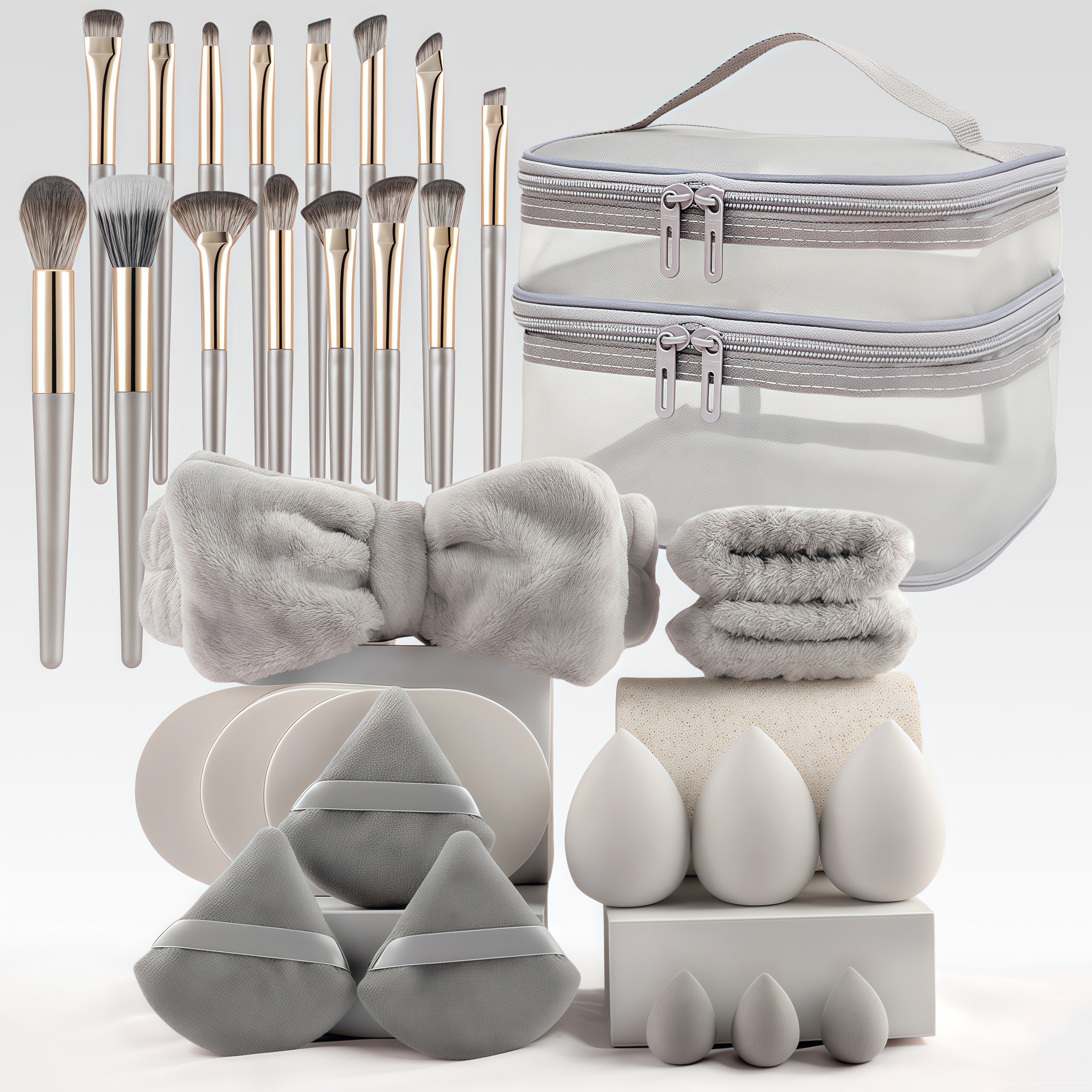 Juego de 31 piezas de soplo de flocado gris maquillaje súper suave conjunto de maquillaje triángulo soplo de terciopelo corto de cristal cojín de aire de esponja