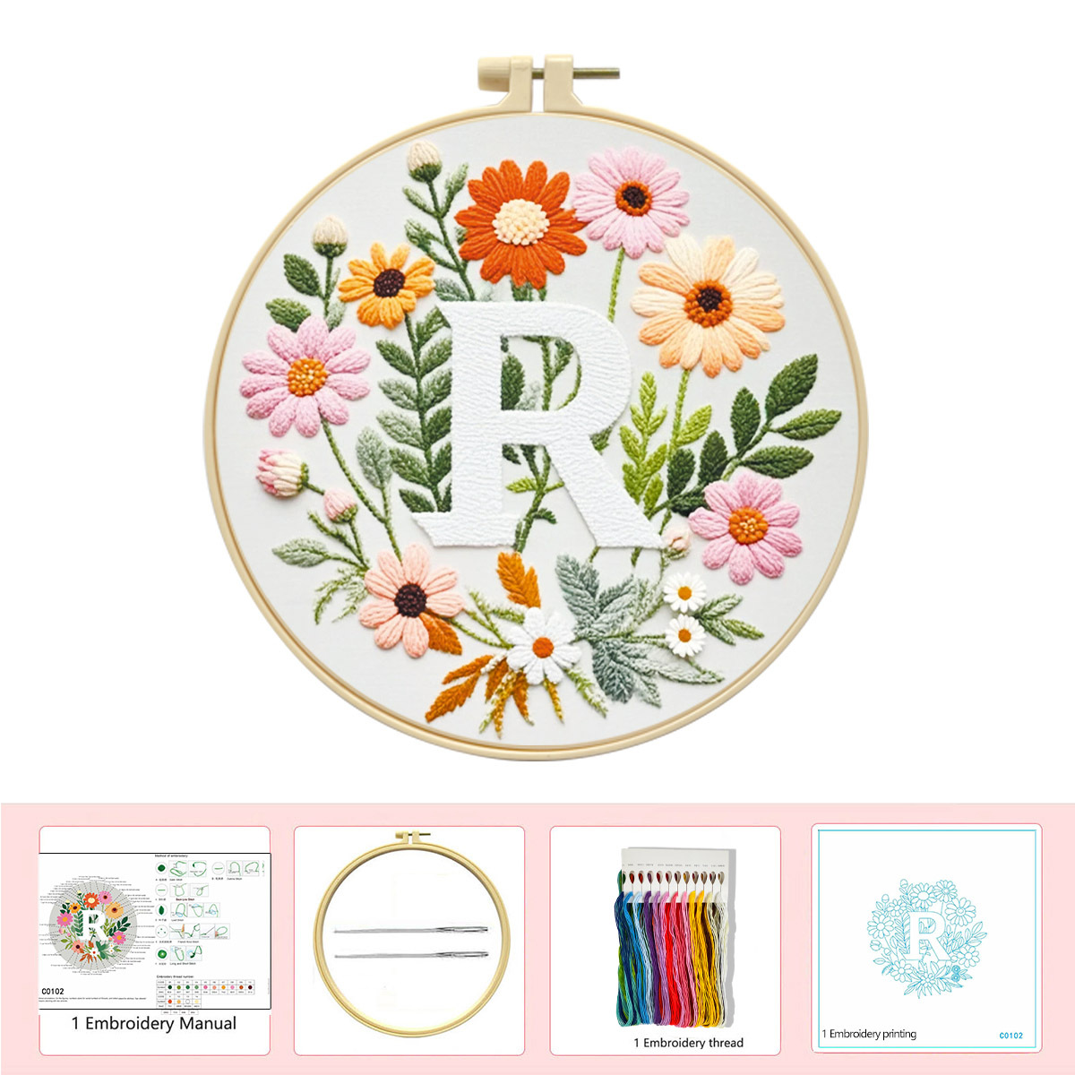 Hecho a mano flores y plantas europeas bordadas paquetes de materialdiy inglés 26 letras simple principiante nivel de bordado al por mayor