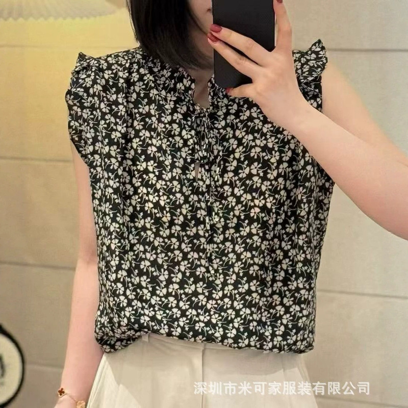 Ruffled Ginkgo Flower Silk Shirt for Women 26 Summer French Style Tie Collar Loose Slimming Sleeveless Mulberry Silk Top Ruffled Ginkgo Flower Silk Shirt for Women 26 Summer French Style Tie Collar Loose Slimming Sleeveless Mulberry Silk Top