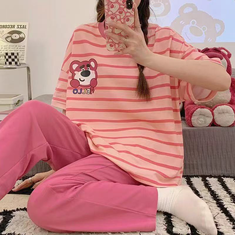 睡衣女春秋款5XL码新款短袖长裤女士印花可爱可外穿家居服套装|undefined