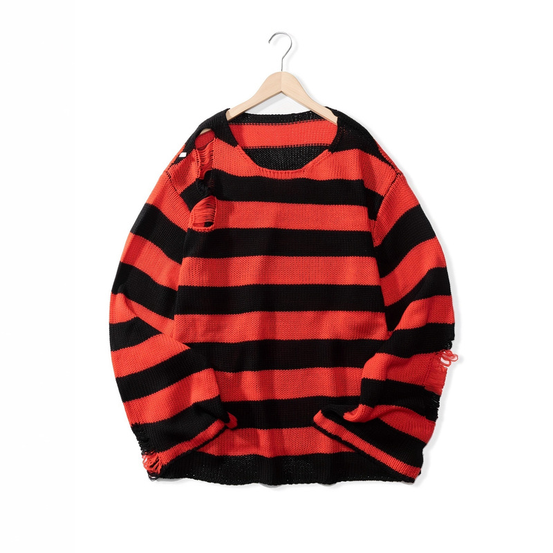 New Couple Stripesd Jacquard Ripped Cut Out Round Neck Sweater Men's Street Loose Long-Sleeved Knitted Pullover Sweater