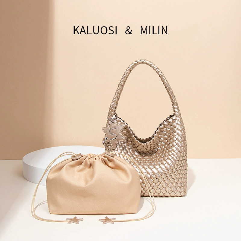 Плетеная большая сумка цвета шампанского с подвеской в ​​виде звезды, большая вместительная модная сумка на одно плечо, сумка для матери и ребенка.