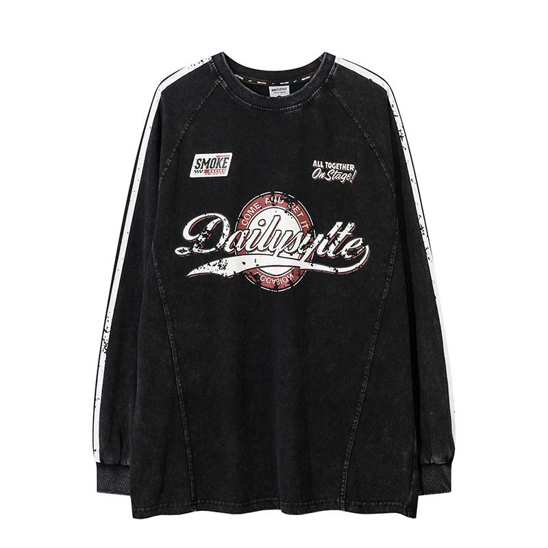 高街美式水洗做旧字母印花圆领T恤男装复古宽松百搭情侣长袖上衣