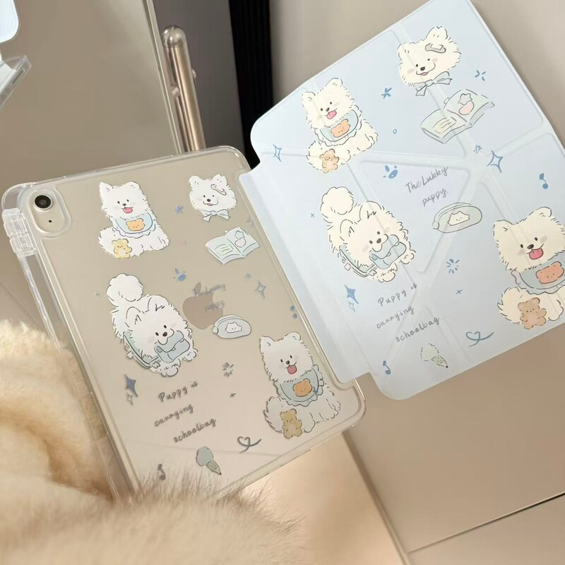 Transparent Blue Background with Four Puppies iPad Air6 Tablet 10Th Generation A16 Protective Case Pro 11inch Mini7 Protective Case 5
