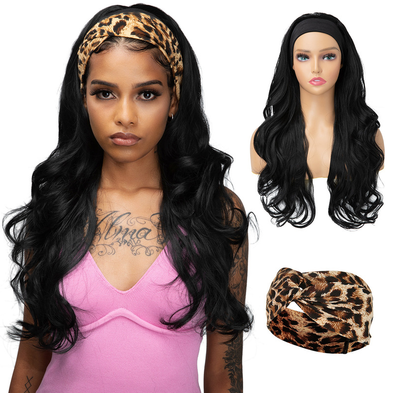 Foreign Trade Black European and American Wig Female Headband Turban Wig Big Wavy Long Curly Hair Chemical Fiber Half Headgear Wigs Cross-Border
